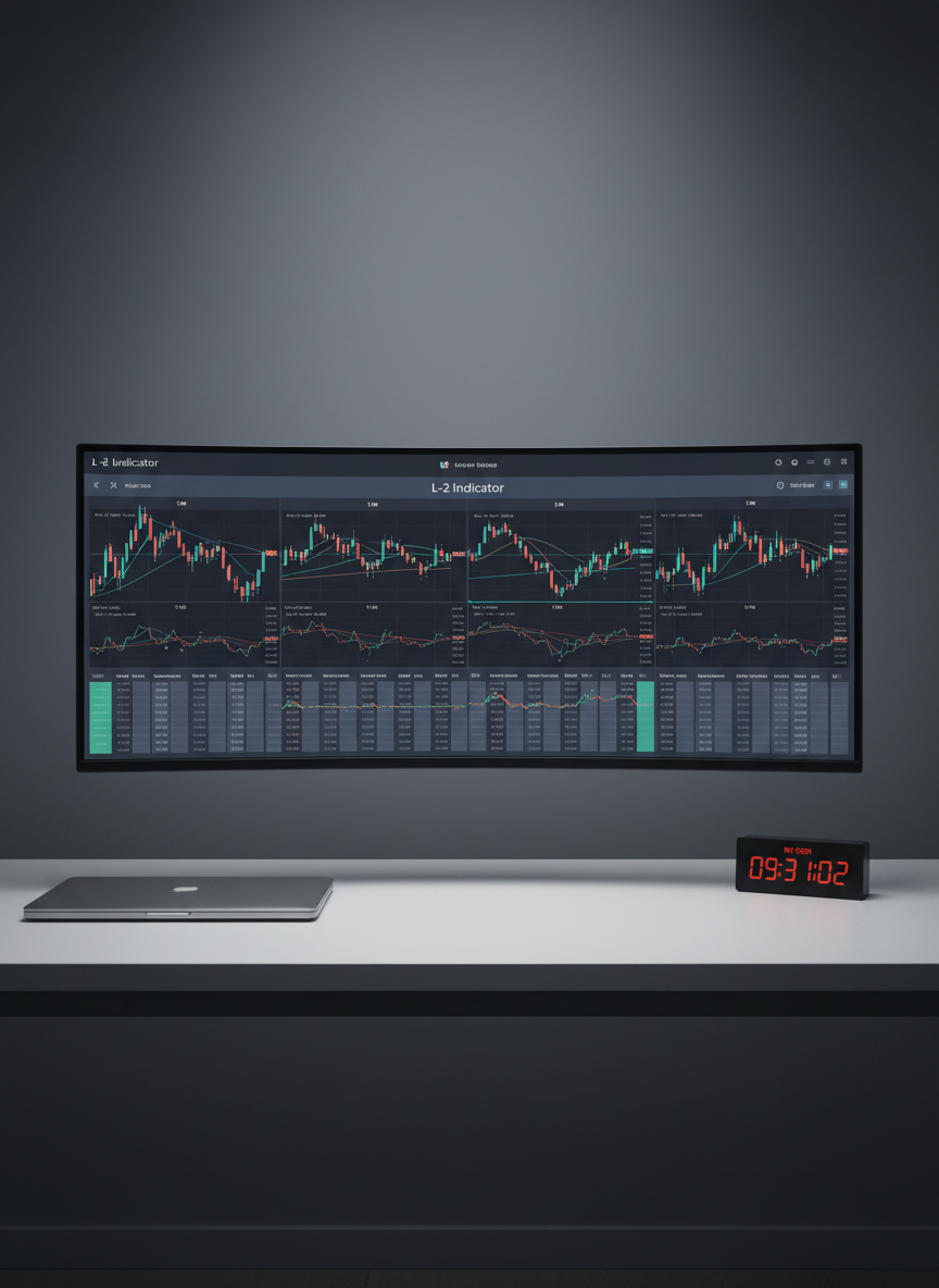 A single ultra-wide curved monitor fills the frame, displaying an uncluttered futures trading interface dominated by the L-2 Indicator across several timeframes, each window neatly aligned to emphasize systemized setups. The monitor sits on a matte white desk with no distractions, only a closed laptop and a small digital clock showing market session time. Soft, even studio lighting from above reduces glare and highlights the crisp edges of the hardware. The background fades into a gentle dark gray gradient wall, suggesting a quiet, dedicated trading room. Shot from a slightly elevated perspective with sharp focus throughout, the composition communicates efficiency, reduced screen time, and a disciplined, rule-based trading approach. Photographic realism with a clean, minimal, technology-forward style.