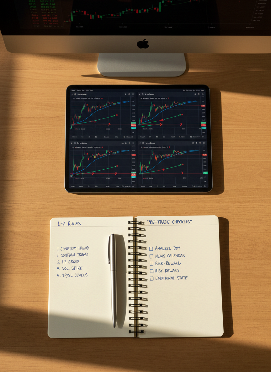 A neatly organized digital trading journal displayed on a tablet lying flat on a light oak desk, showing screenshots of futures charts annotated with the L-2 Indicator setups, trade entries, and exits. Beside the tablet rests an open notebook filled with tidy, handwritten rules and checklists for indicator-based trades, along with a slim metal pen aligned perfectly parallel. Warm afternoon sunlight streams in from the left, casting soft, elongated shadows and creating a calm, methodical atmosphere. The background includes a blurred monitor showing a minimal futures dashboard, hinting at a larger trading workflow. Shot from a top-down perspective with sharp focus across the frame, the composition emphasizes discipline, documentation, and repeatable processes. Photographic realism with a clean, organized, educational feel.