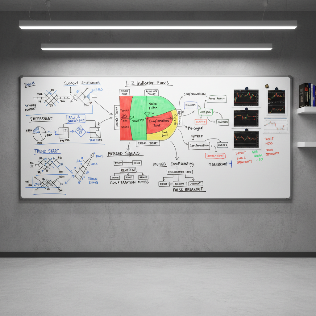 A large wall-mounted whiteboard in a modern trading office covered with neatly drawn futures price structures and color-coded representations of the L-2 Indicator zones, arrows, and labels explaining which signals filter out noise and which confirm real moves. Magnets hold printed chart screenshots along the edges, each marked with trade outcome notes. Cool overhead LED lighting evenly illuminates the whiteboard, creating crisp contrast between the ink and surface. The floor is a subtle concrete gray, and a single minimalist shelf with trading books sits blurred in the background. Captured from a straight-on, eye-level perspective with sharp focus, the composition feels analytical and instructional. Photographic realism with a structured, classroom-like mood for advanced indicator mastery concepts.